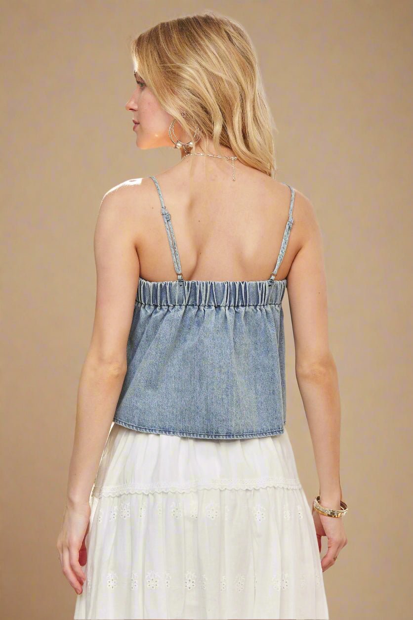 ADORA - Denim Pleated Babydoll Top in Light Wash