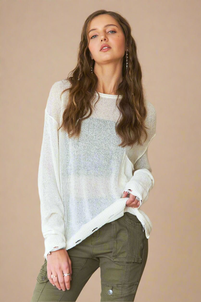 ADORA - Distressed Sheer Knit Sweater – Ivory Cream