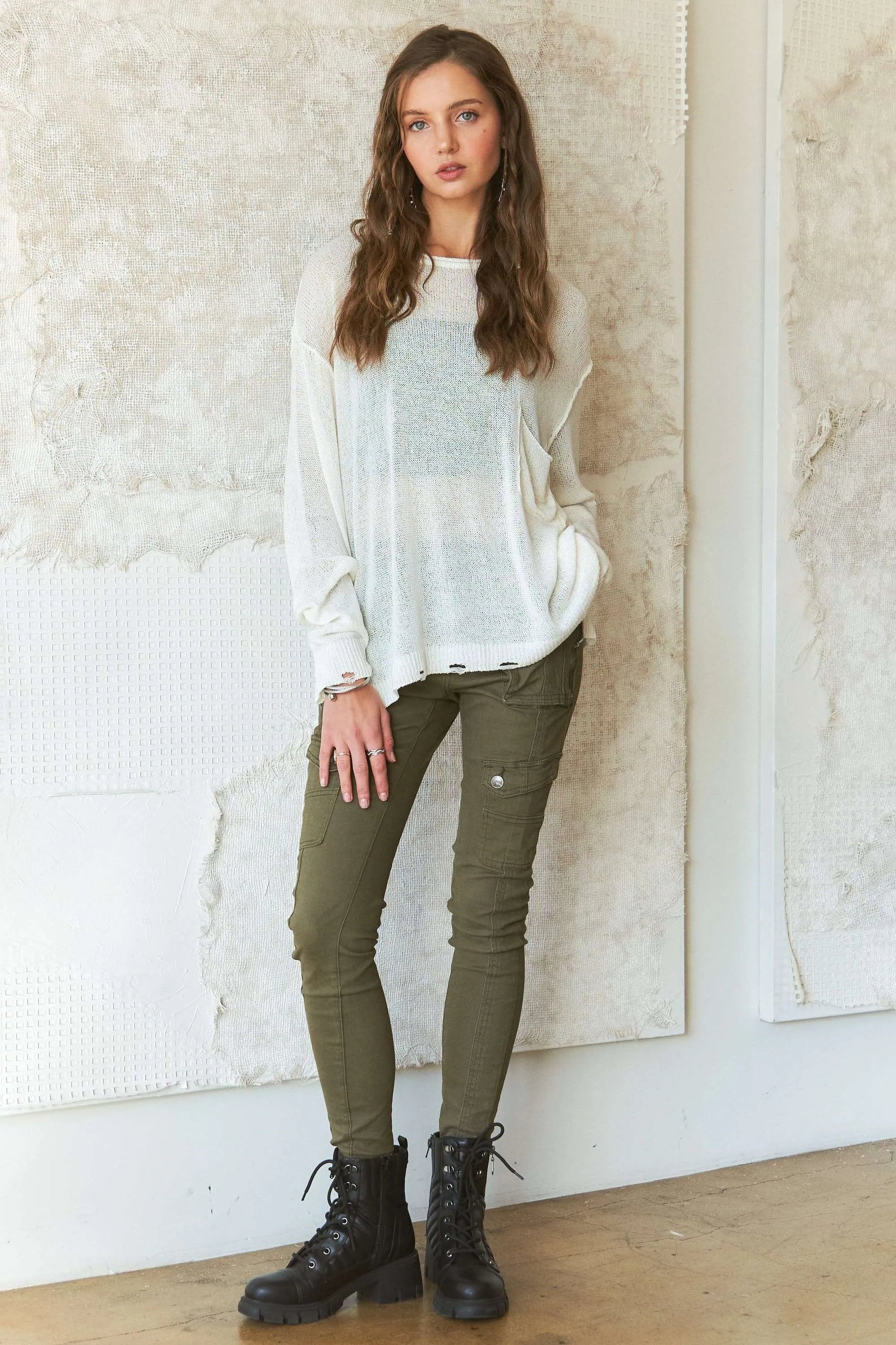 ADORA - Distressed Sheer Knit Sweater – Ivory Cream