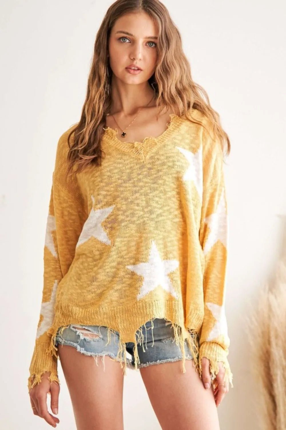 ADORA - Distressed Star Print Lightweight Sweater in Soft Chartreuse