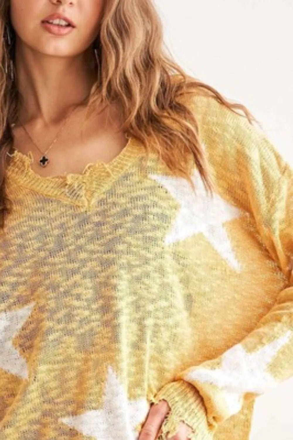 ADORA - Distressed Star Print Lightweight Sweater in Soft Chartreuse