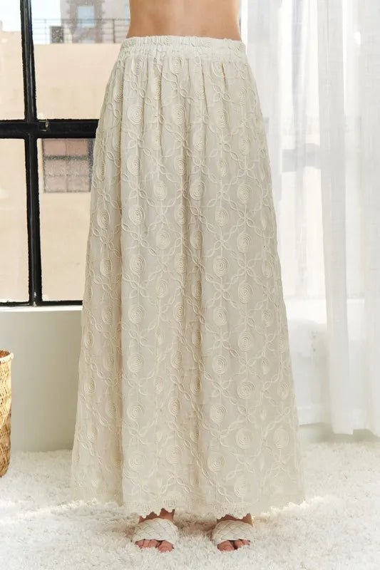 ADORA - Embroidered Cotton Maxi Skirt in Cream Beige