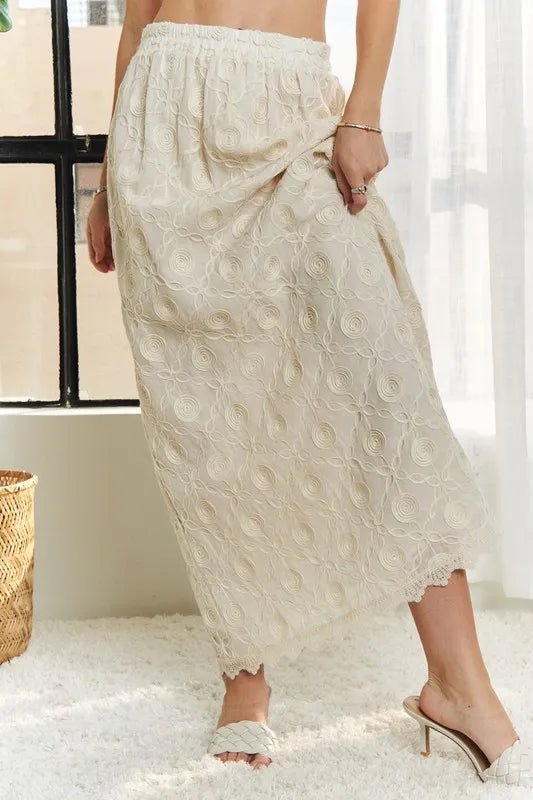 ADORA - Embroidered Cotton Maxi Skirt in Cream Beige
