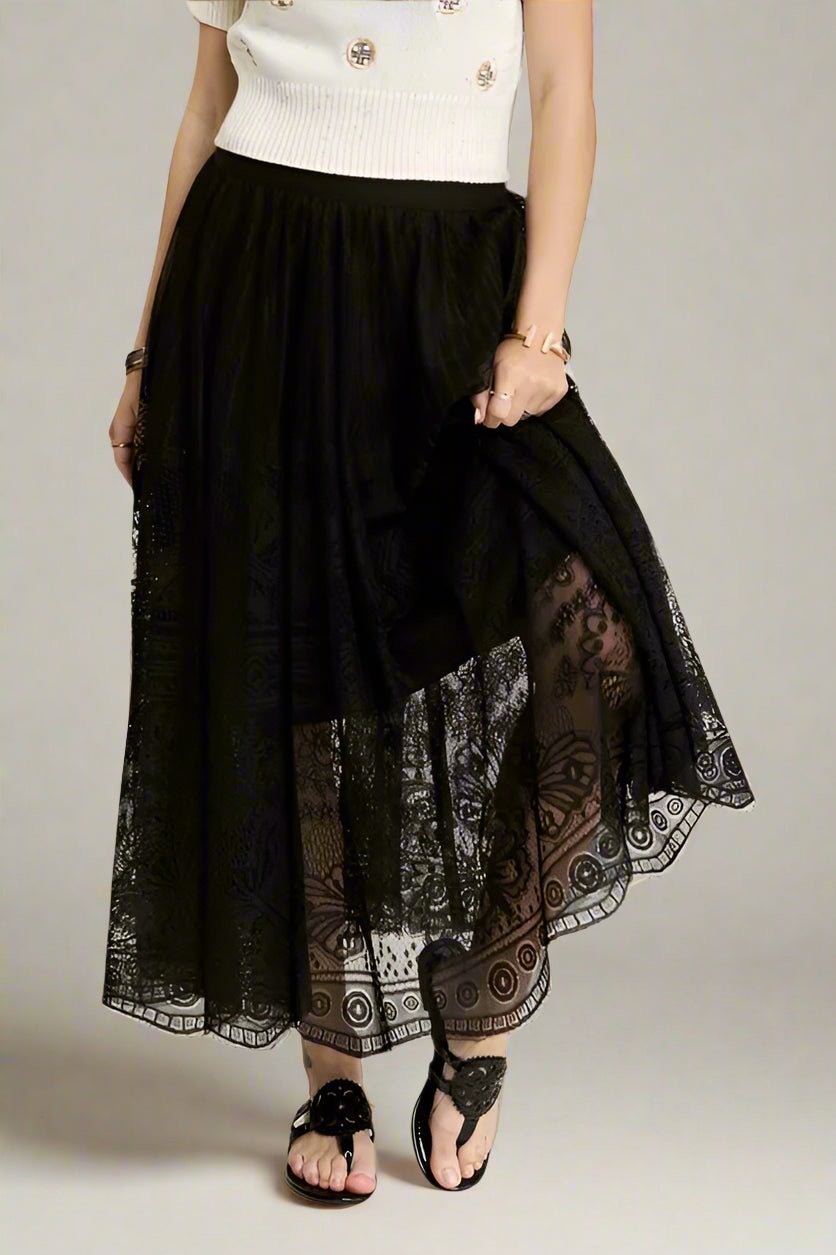 ADORA - Embroidered Lace Maxi Skirt in Black