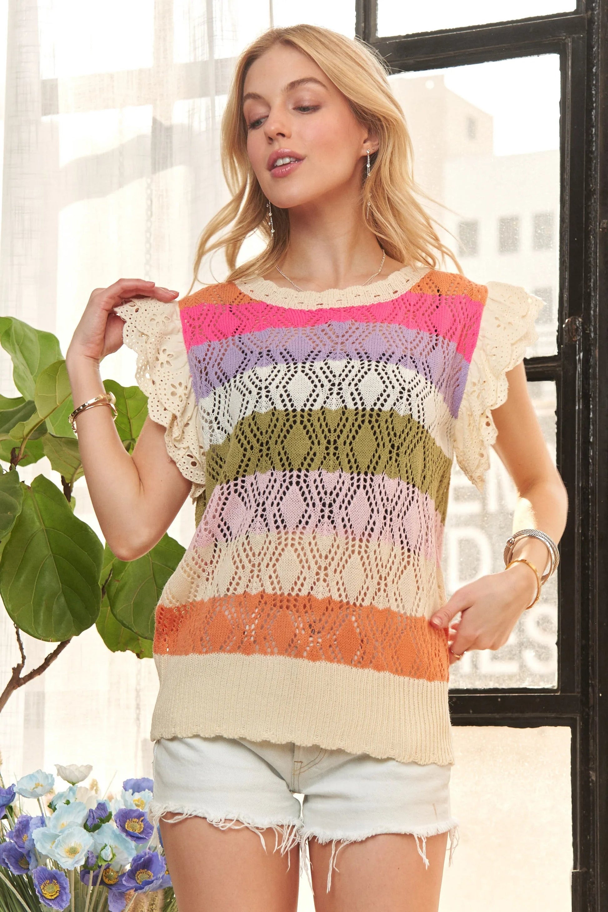 ADORA - Eyelet Ruffle Sleeve Knit Top in Sunset Stripe