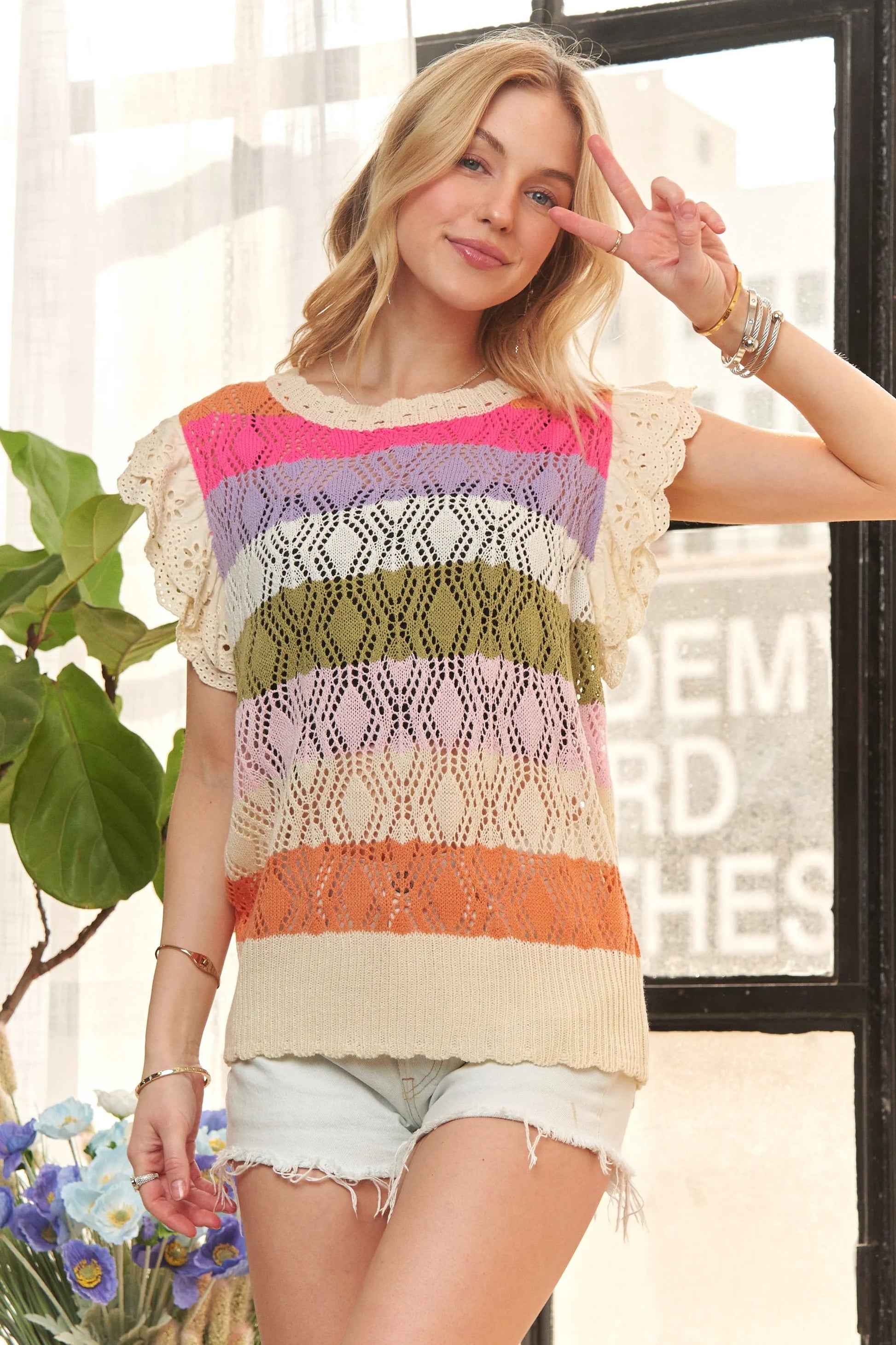 ADORA - Eyelet Ruffle Sleeve Knit Top in Sunset Stripe