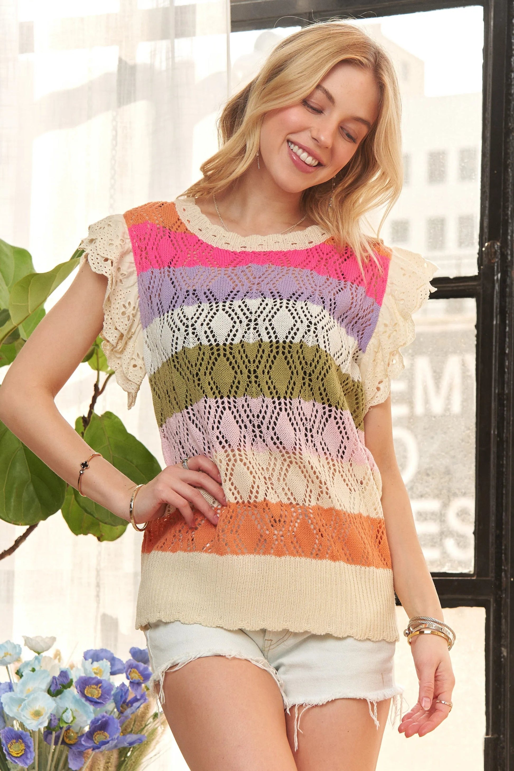 ADORA - Eyelet Ruffle Sleeve Knit Top in Sunset Stripe