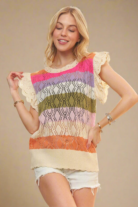 ADORA - Eyelet Ruffle Sleeve Knit Top in Sunset Stripe