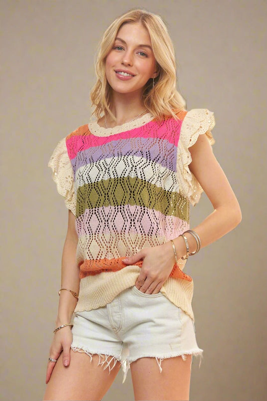 ADORA - Eyelet Ruffle Sleeve Knit Top in Sunset Stripe