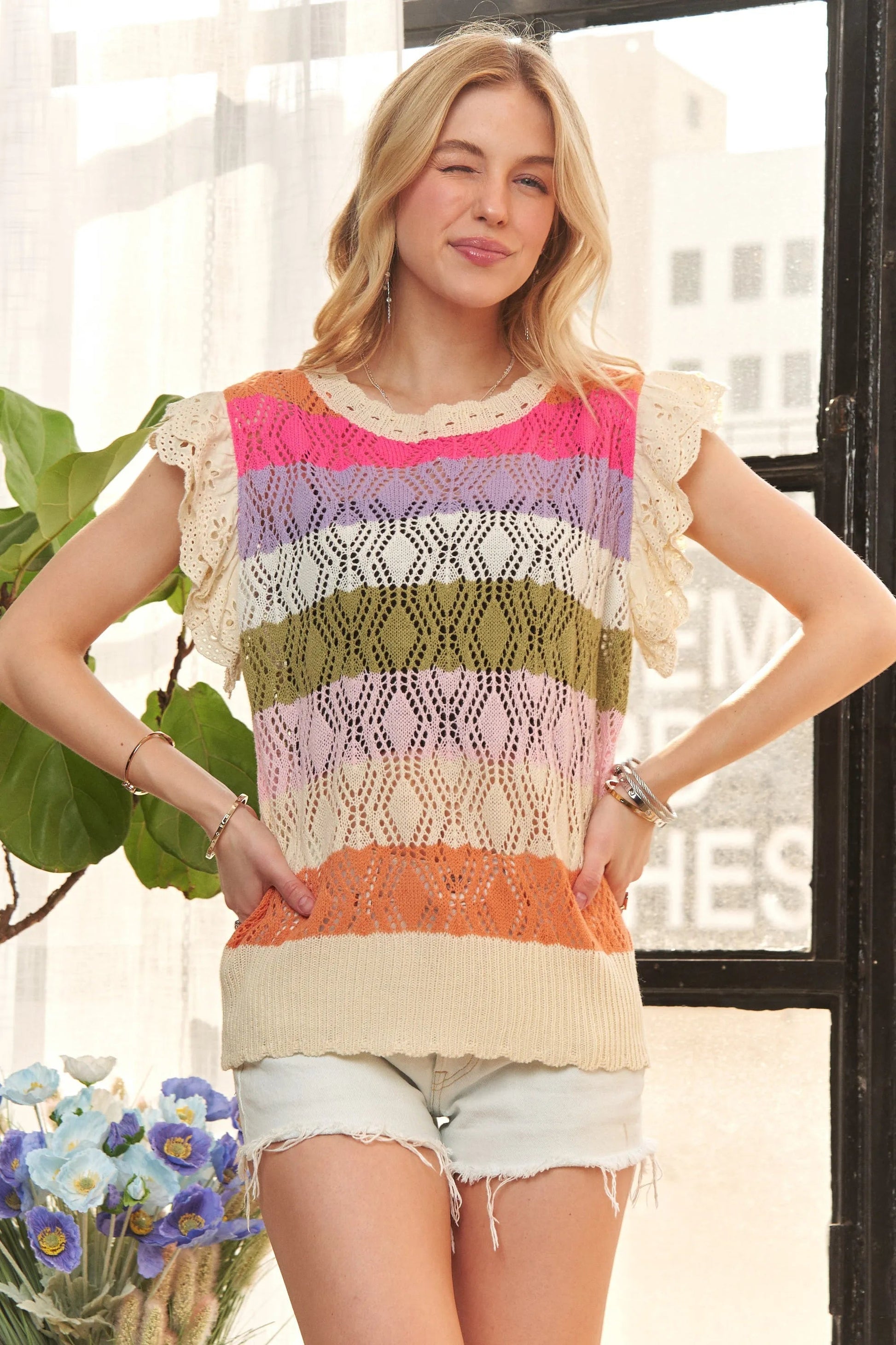 ADORA - Eyelet Ruffle Sleeve Knit Top in Sunset Stripe