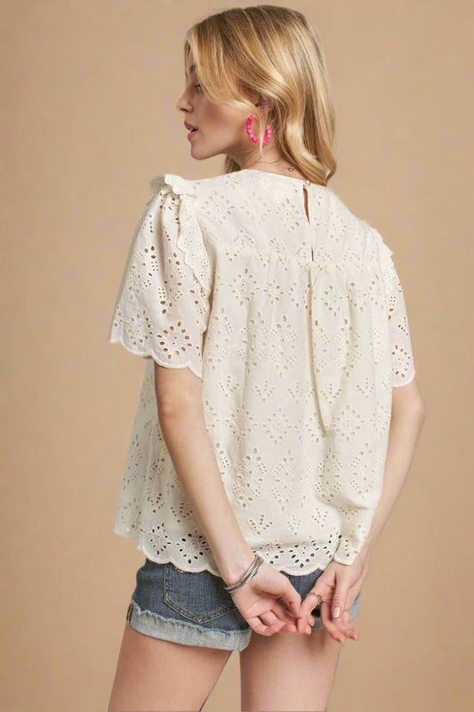 ADORA - Eyelet Scallop Hem Blouse in Soft Ivory