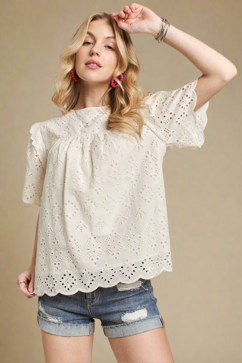 ADORA - Eyelet Scallop Hem Blouse in Soft Ivory