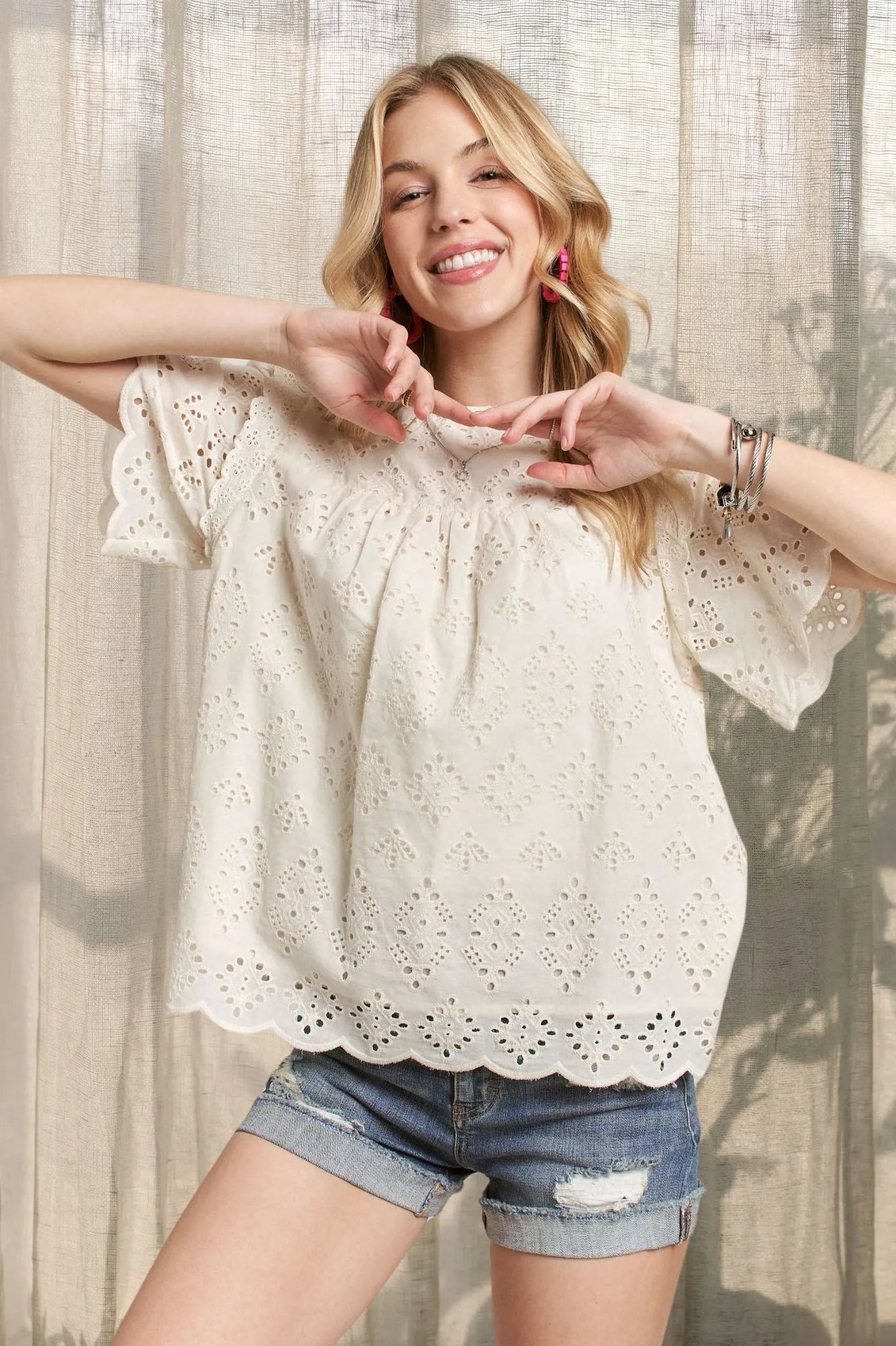 ADORA - Eyelet Scallop Hem Blouse in Soft Ivory