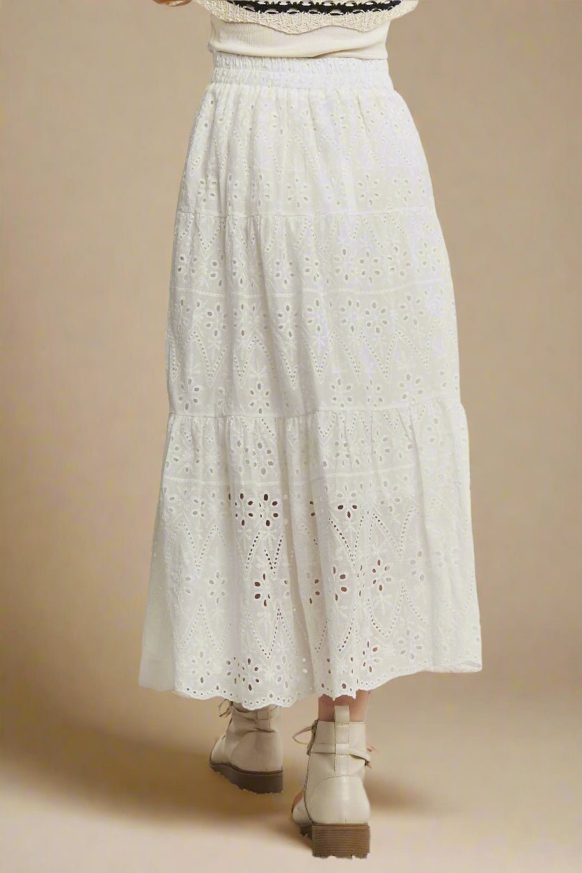 ADORA - Eyelet Tiered Midi Skirt in Soft White