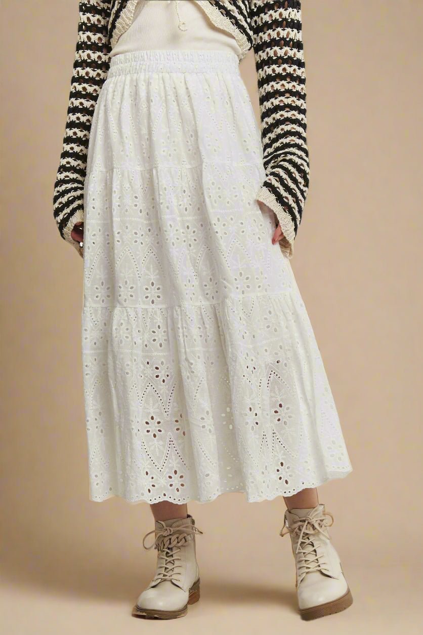 ADORA - Eyelet Tiered Midi Skirt in Soft White