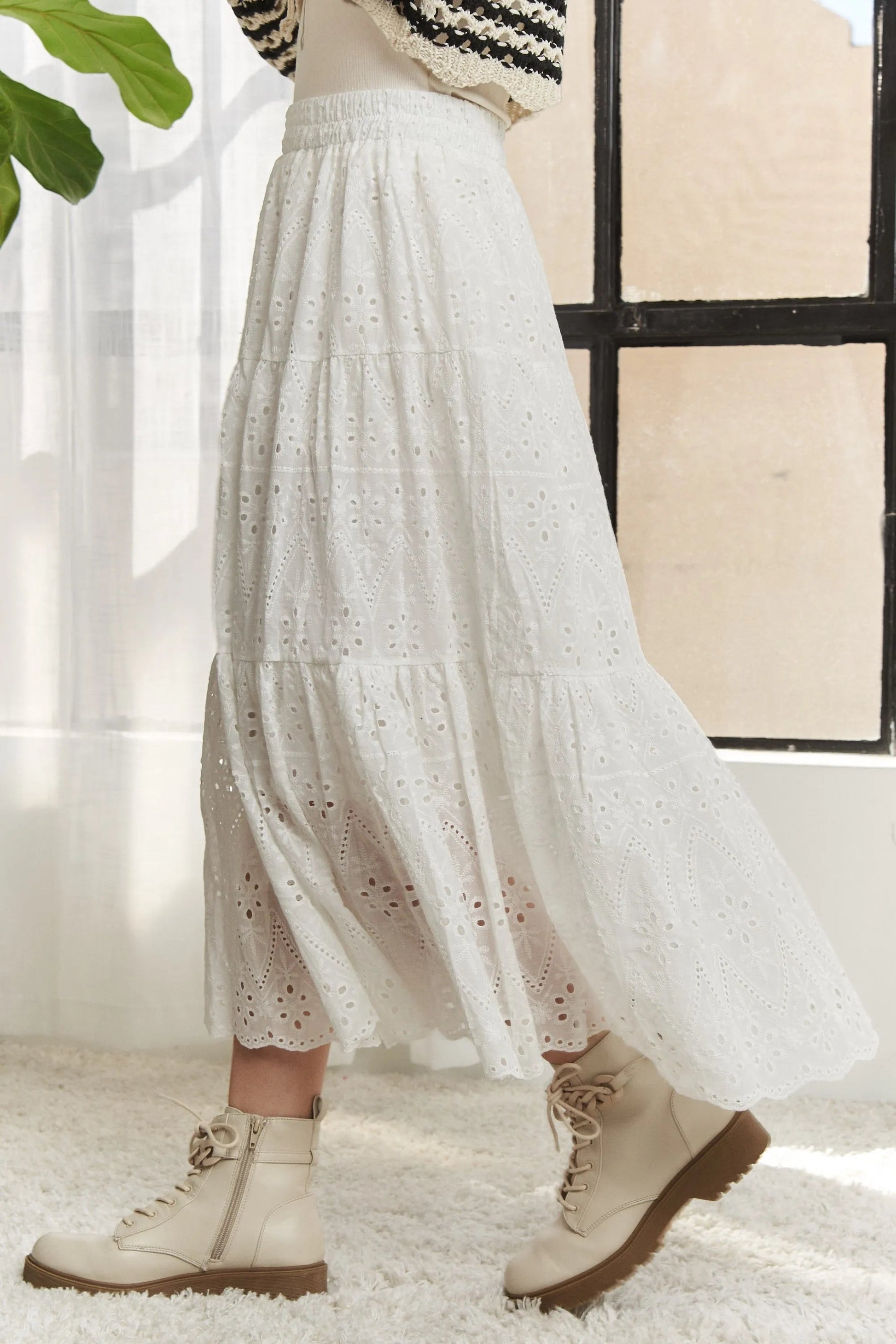 ADORA - Eyelet Tiered Midi Skirt in Soft White