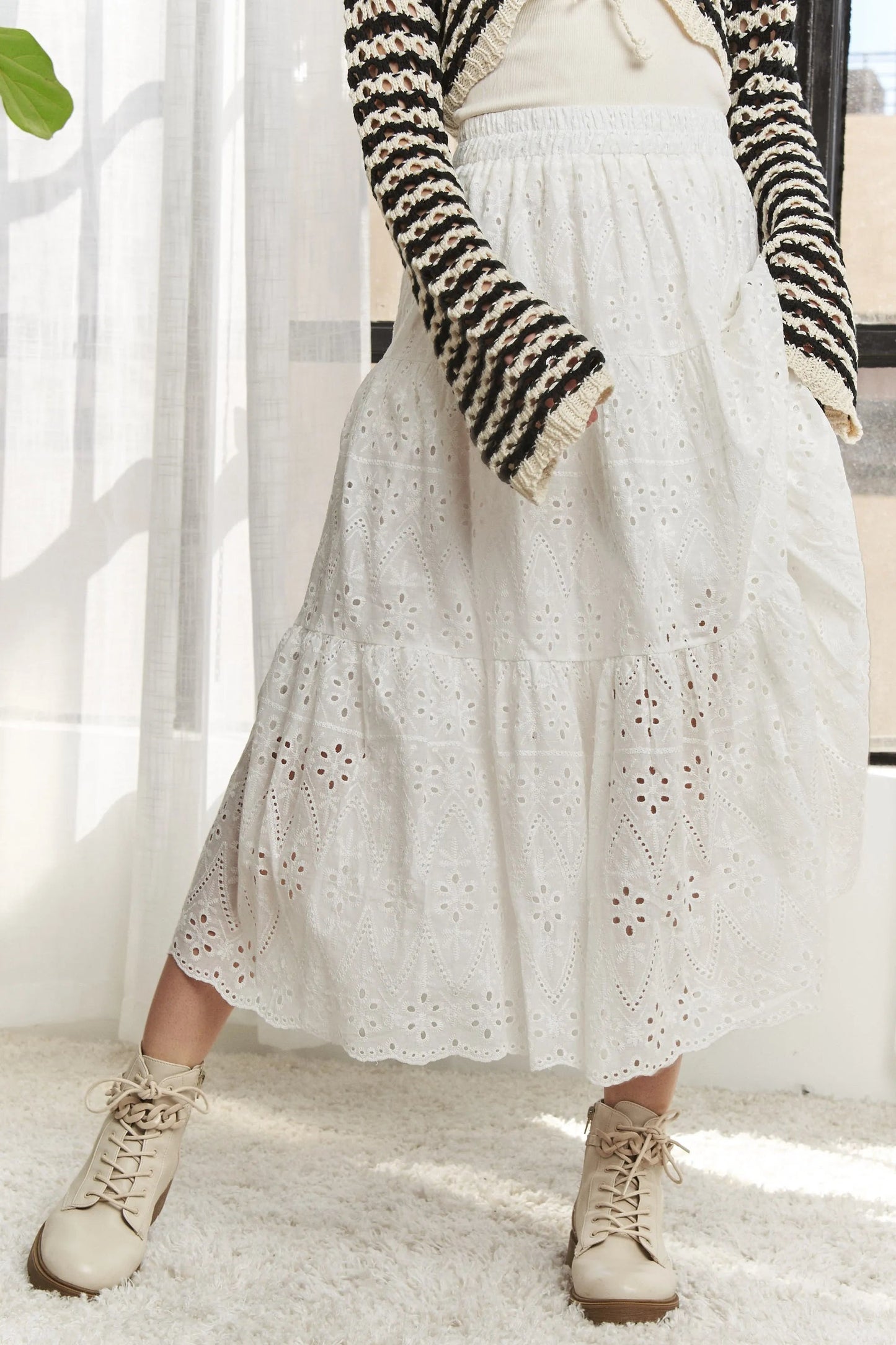 ADORA - Eyelet Tiered Midi Skirt in Soft White