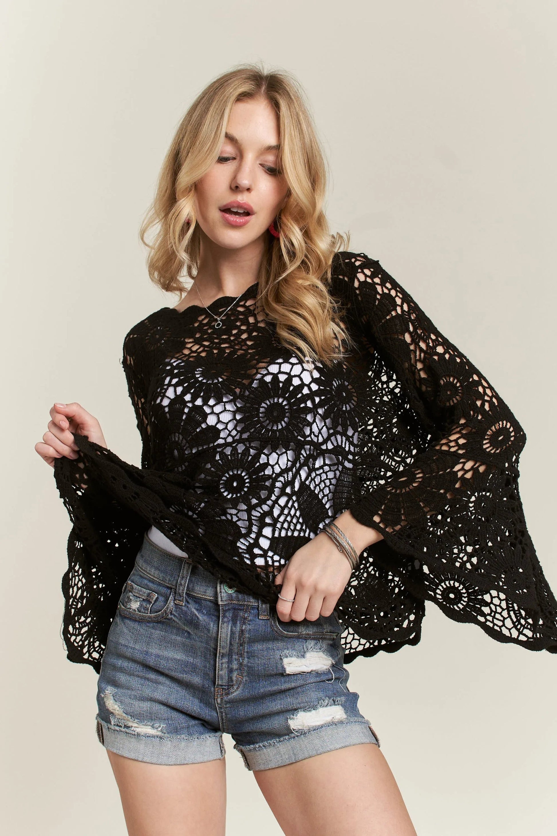 ADORA - Floral Crochet Bell Sleeve Top in Black