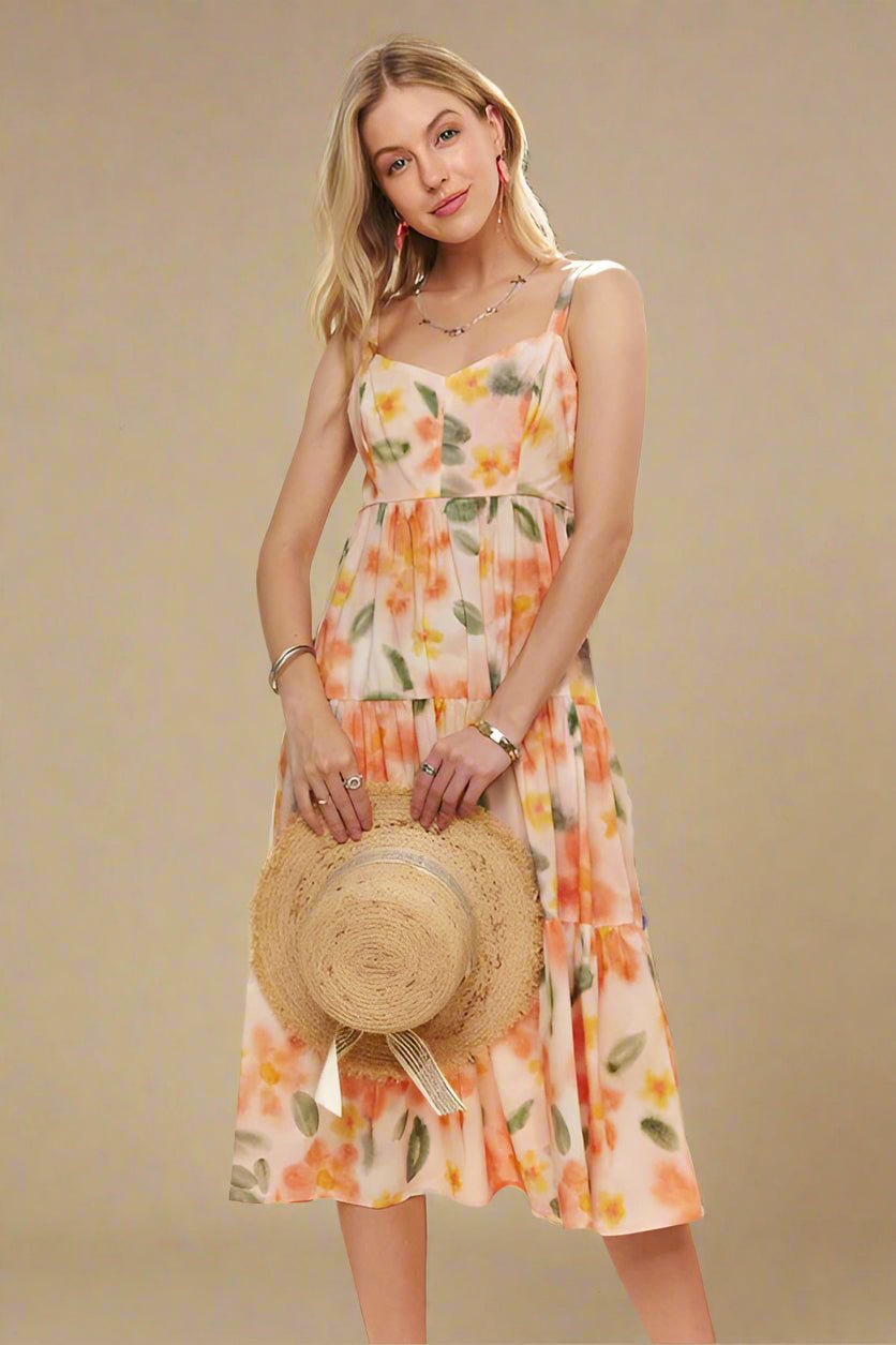 ADORA - Floral Midi Sun Dress in Tangerine