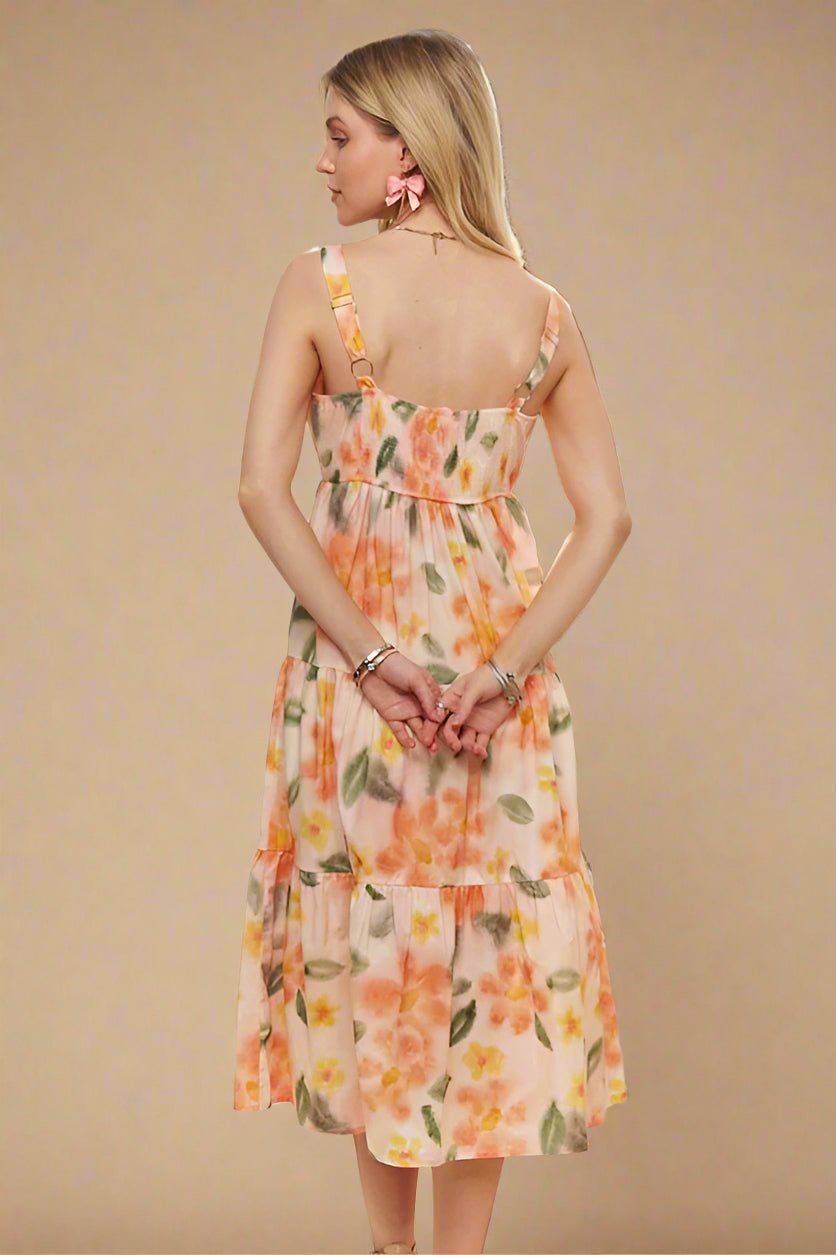 ADORA - Floral Midi Sun Dress in Tangerine