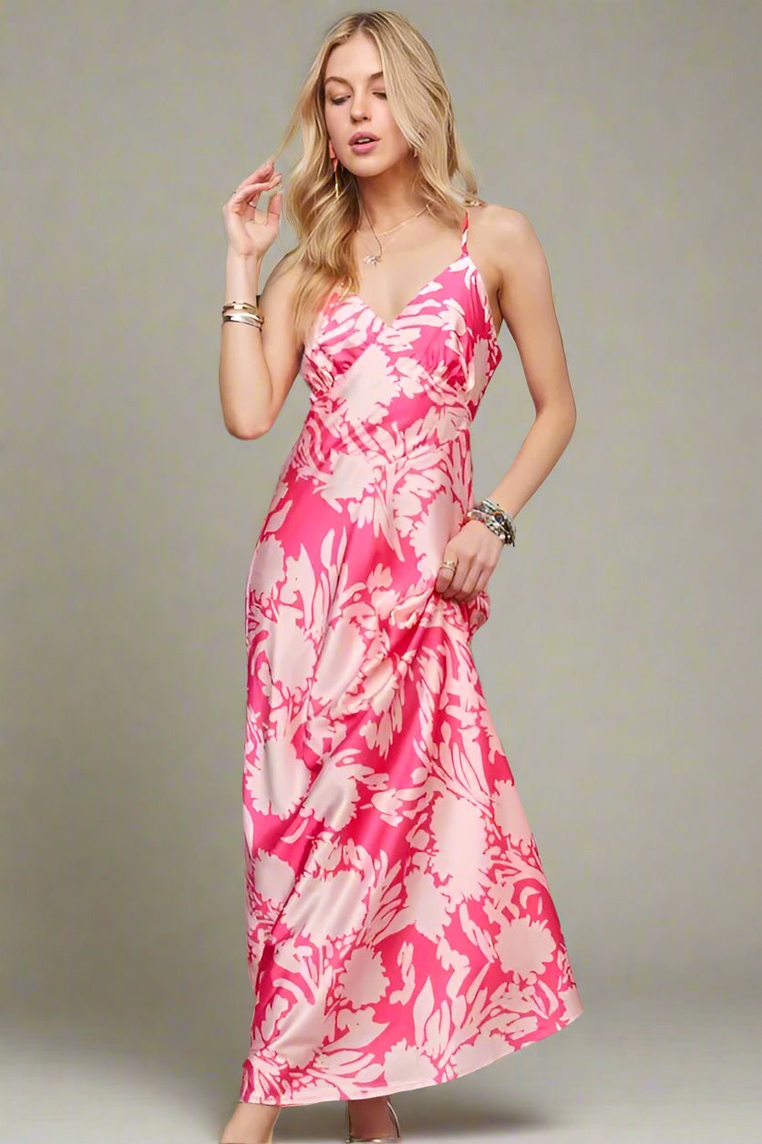 ADORA - Floral Silhouette Maxi Dress in Bright Coral Pink & Cream