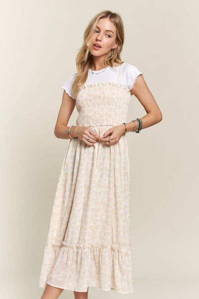 ADORA - Floral Smocked Ruffle Hem Midi Sun Dress in Apricot