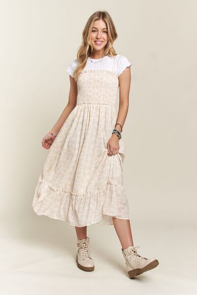 ADORA - Floral Smocked Ruffle Hem Midi Sun Dress in Apricot