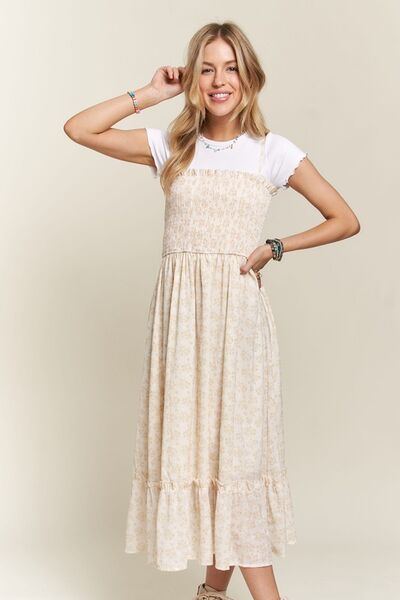 ADORA - Floral Smocked Ruffle Hem Midi Sun Dress in Apricot