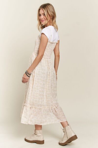 ADORA - Floral Smocked Ruffle Hem Midi Sun Dress in Apricot