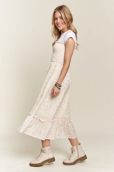 ADORA - Floral Smocked Ruffle Hem Midi Sun Dress in Apricot