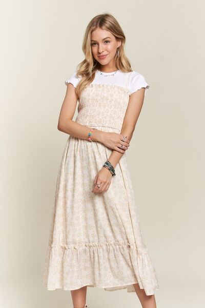 ADORA - Floral Smocked Ruffle Hem Midi Sun Dress in Apricot