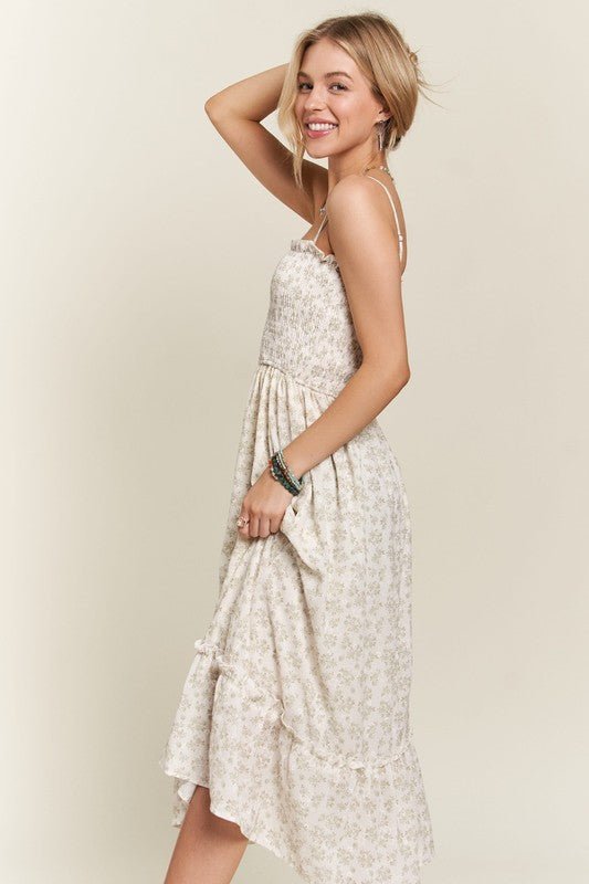 ADORA - Floral Smocked Ruffle Hem Midi Sun Dress in Sage