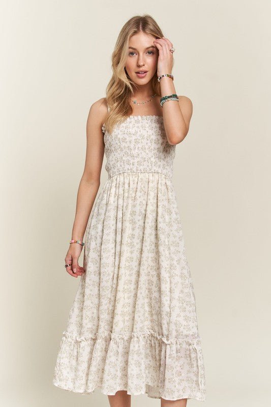 ADORA - Floral Smocked Ruffle Hem Midi Sun Dress in Sage