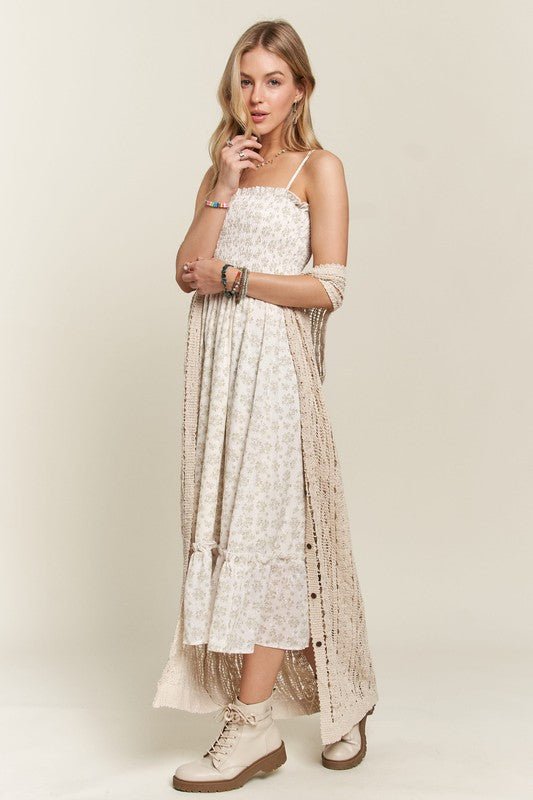 ADORA - Floral Smocked Ruffle Hem Midi Sun Dress in Sage