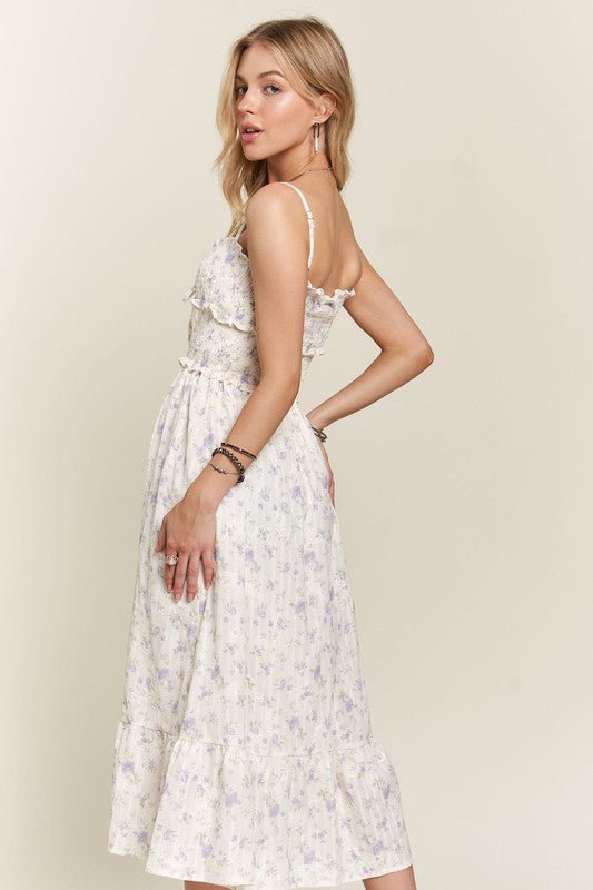 ADORA - Floral Smocked Sweetheart Neck Midi Sun Dress in Lavender