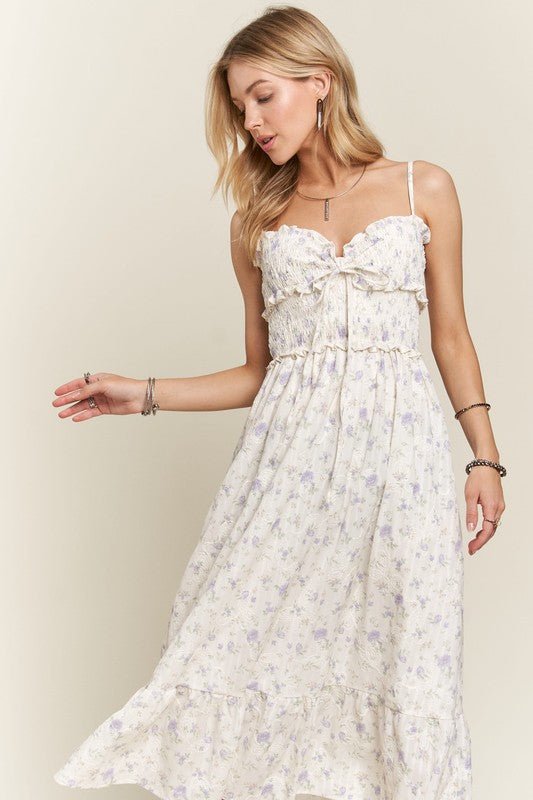 ADORA - Floral Smocked Sweetheart Neck Midi Sun Dress in Lavender