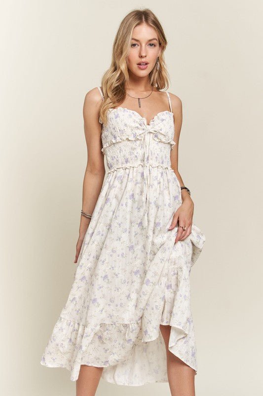 ADORA - Floral Smocked Sweetheart Neck Midi Sun Dress in Lavender