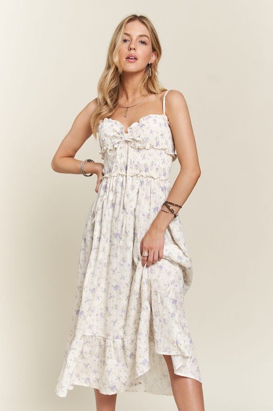 ADORA - Floral Smocked Sweetheart Neck Midi Sun Dress in Lavender