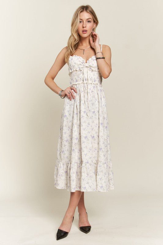 ADORA - Floral Smocked Sweetheart Neck Midi Sun Dress in Lavender