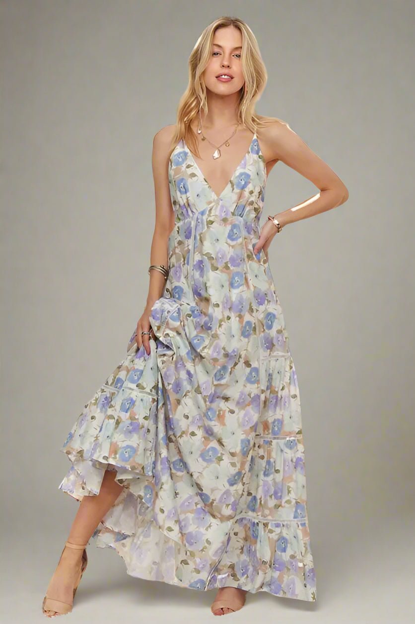 ADORA - Floral Tiered Maxi Dress – Lavender & Blue