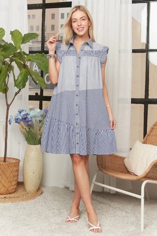 ADORA - Gingham Button Front Mini Dress – Navy