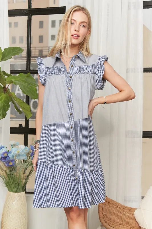 ADORA - Gingham Button Front Mini Dress – Navy