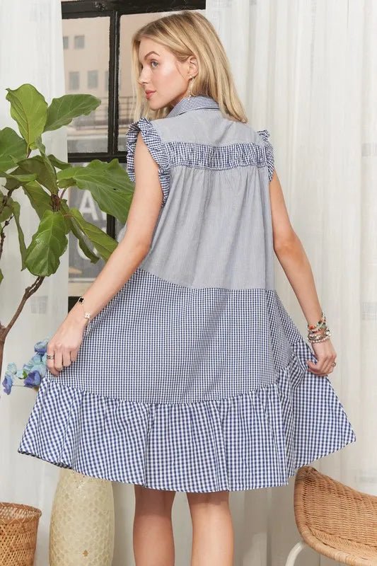 ADORA - Gingham Button Front Mini Dress – Navy