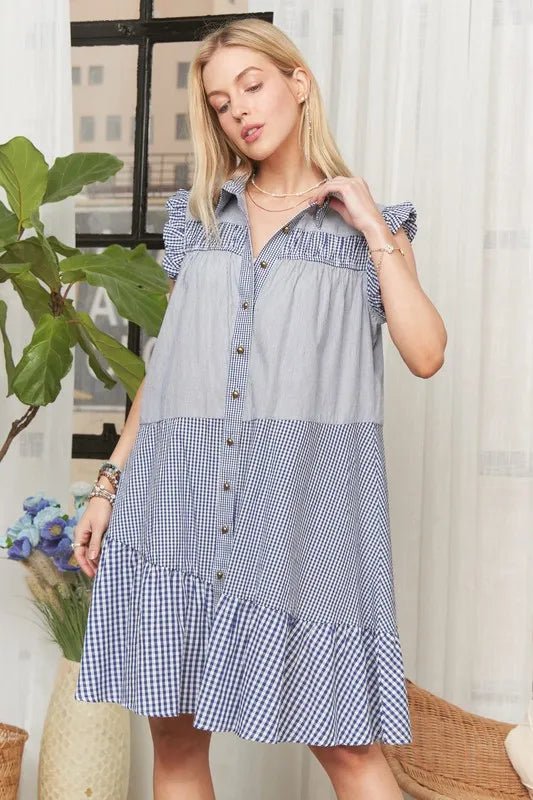 ADORA - Gingham Button Front Mini Dress – Navy