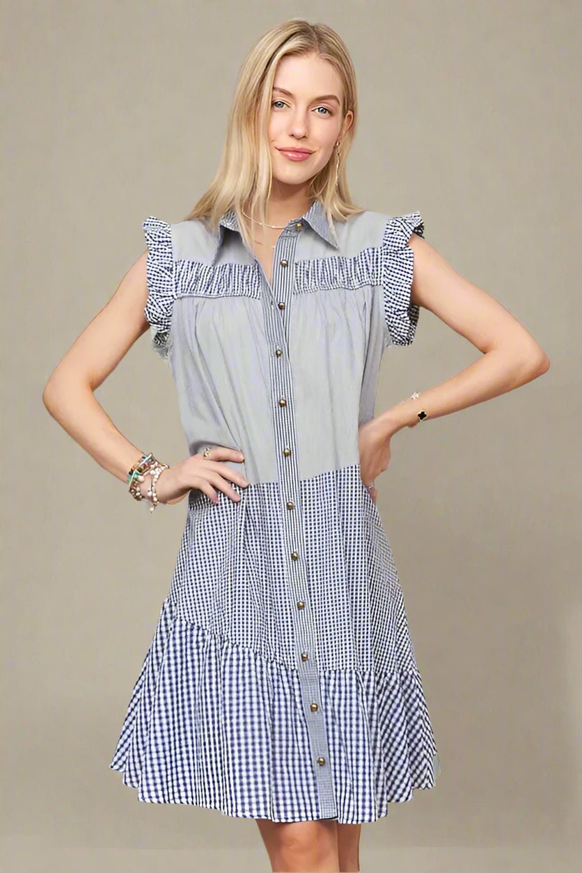 ADORA - Gingham Button Front Mini Dress – Navy