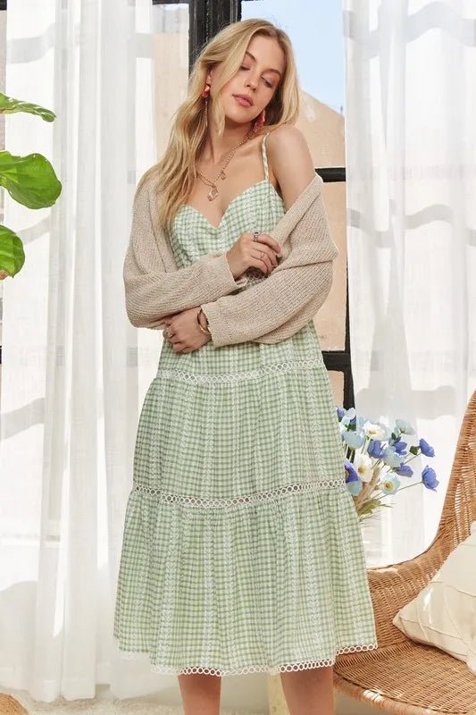ADORA - Gingham Lace Trim Midi Dress – Sage Green