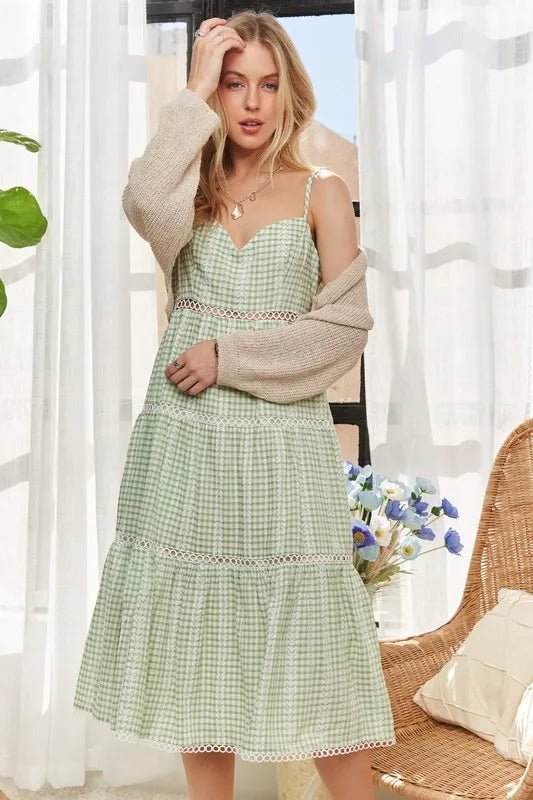 ADORA - Gingham Lace Trim Midi Dress – Sage Green