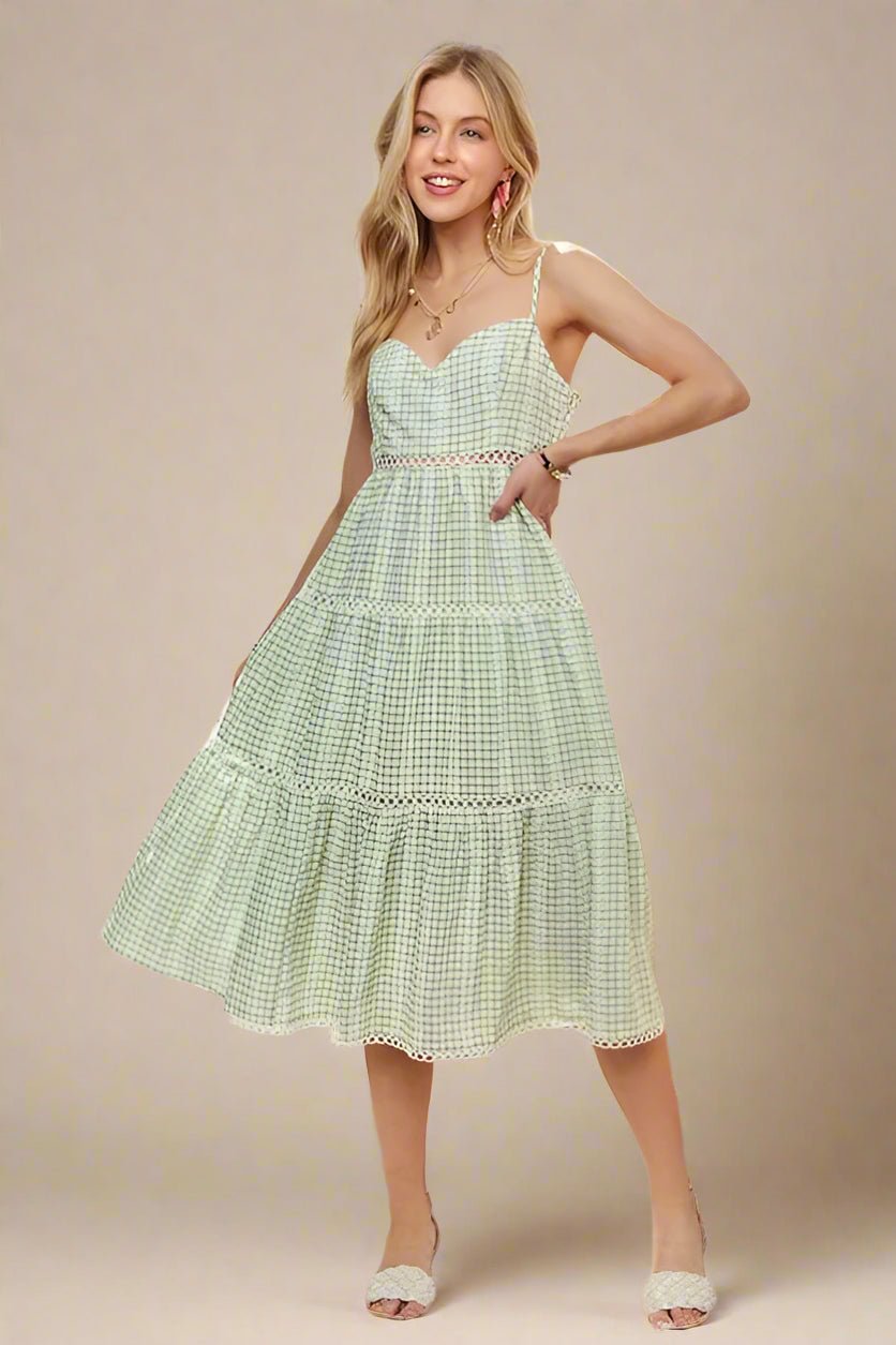 ADORA - Gingham Lace Trim Midi Dress – Sage Green