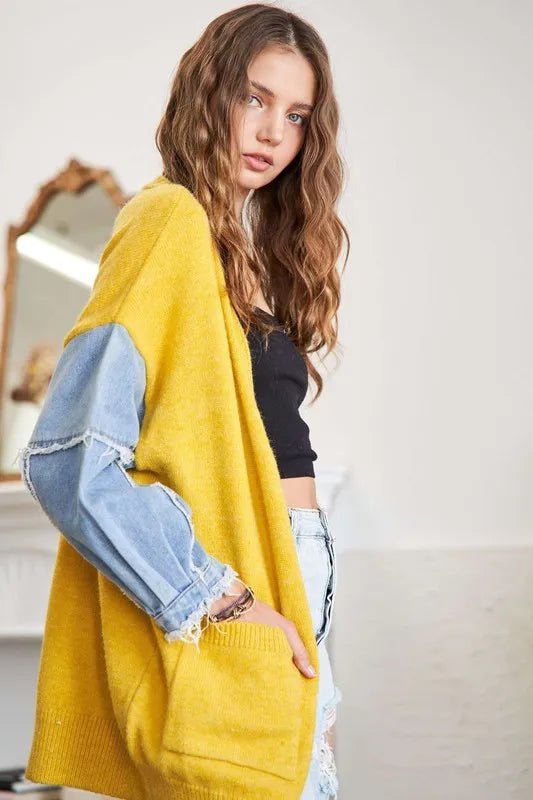 ADORA - Golden Mustard Knit Cardigan with Denim Patch Sleeves