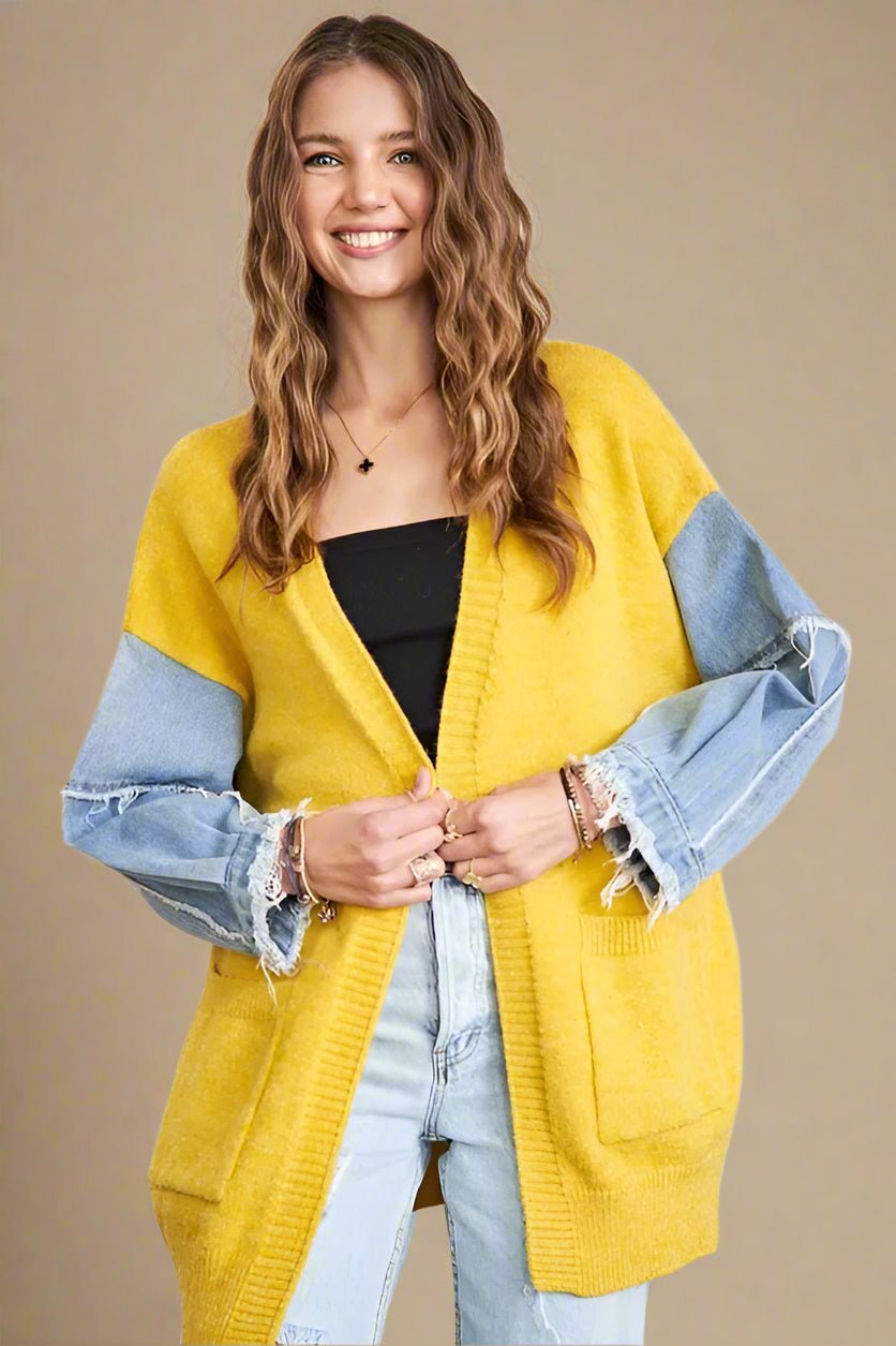 ADORA - Golden Mustard Knit Cardigan with Denim Patch Sleeves
